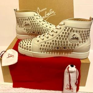 New Christian Louboutin Louis Flat Spikes White Silver Sneakers Sz 45/12US